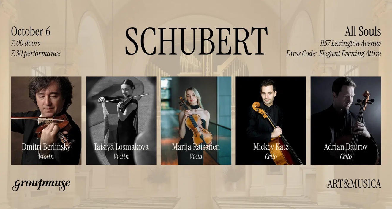 Concert poster for Schubert's String Quintet D. 956 at All Souls, 1157 Lexington Avenue