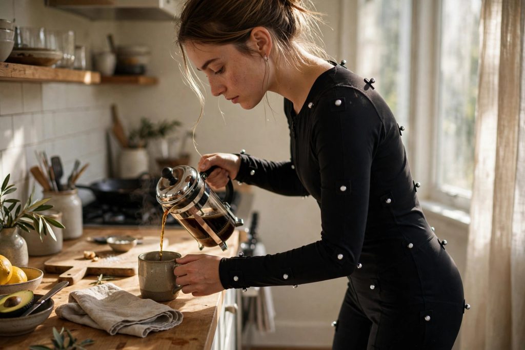 A woman wearing a body motion-capture sensor suit pours coffee in a sunlit home kitchen.