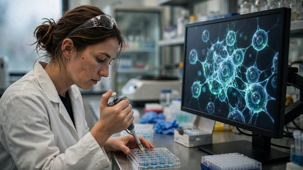 Scientist pipetting samples in a modern biotech lab beside a monitor showing glowing holographic cell imagery for the Virtual Biology Initiative