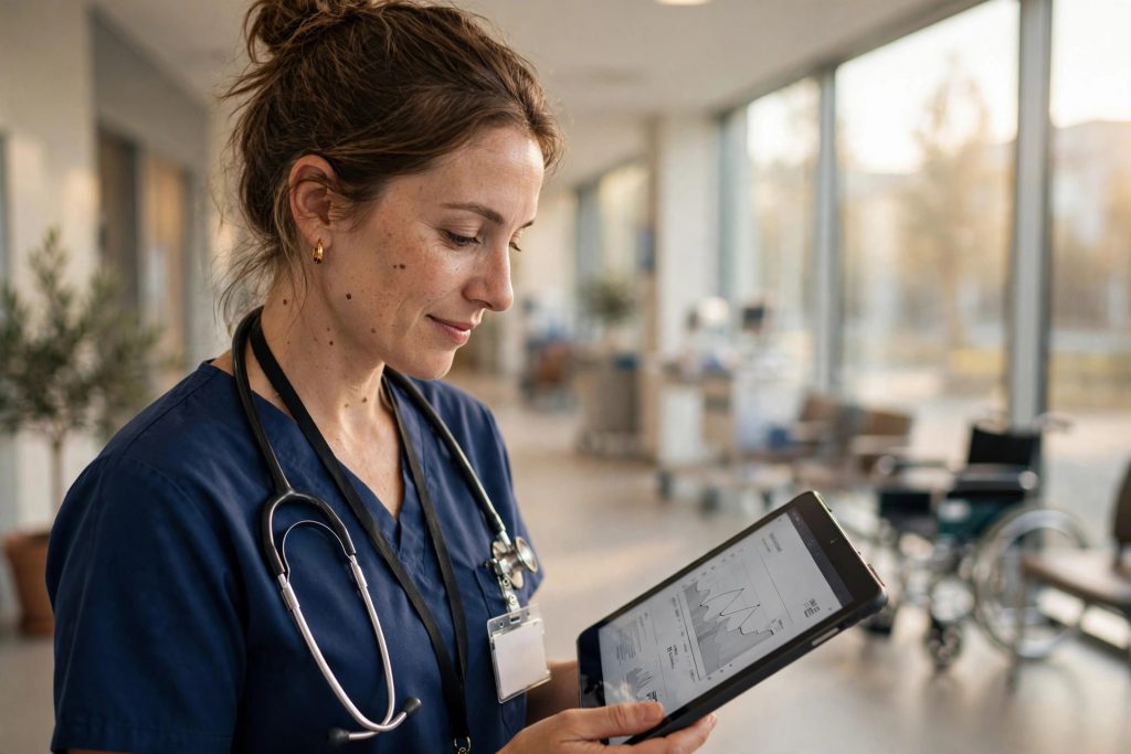 A nurse in scrubs reviews a patient chart on a tablet in a bright modern hospital corridor.