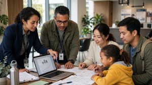 City staff help a family at a table with a laptop and paperwork in a bright municipal building
