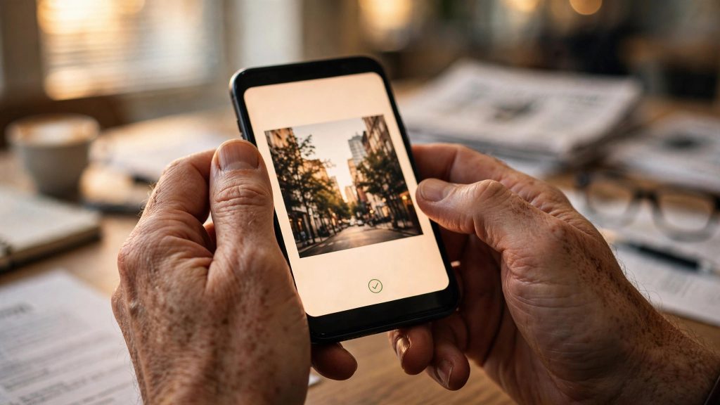 Hands holding a smartphone verifying a photo's AI watermark, with a newsroom desk softly lit in the background