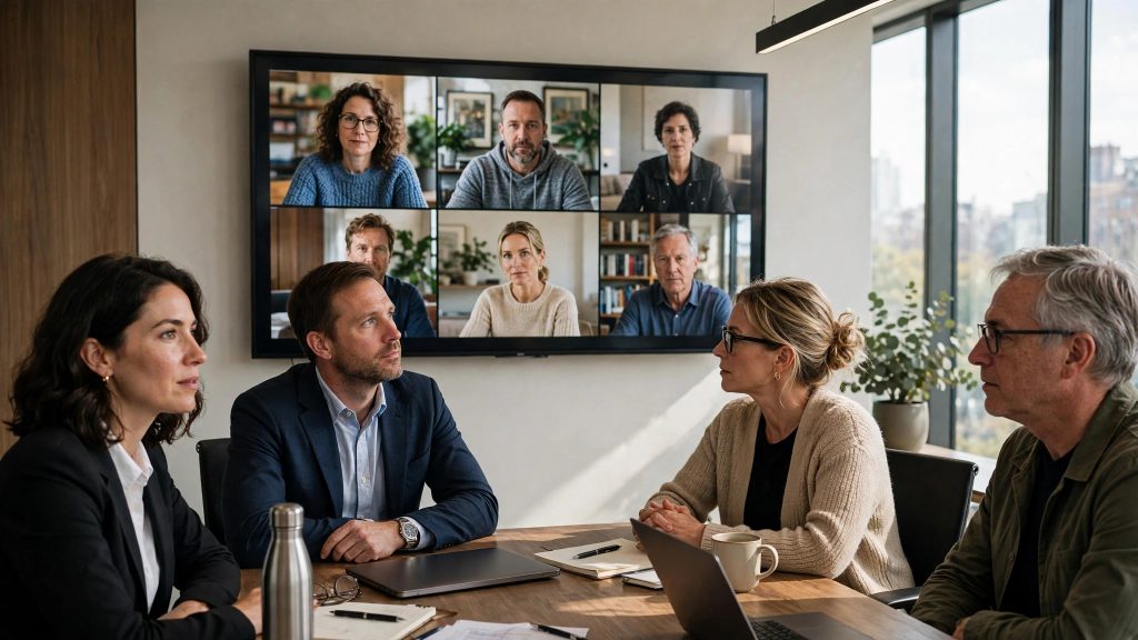 Executives around a table in a hybrid meeting room with a large screen showing a video call grid, representing Cisco's Claude Managed Agents in Webex