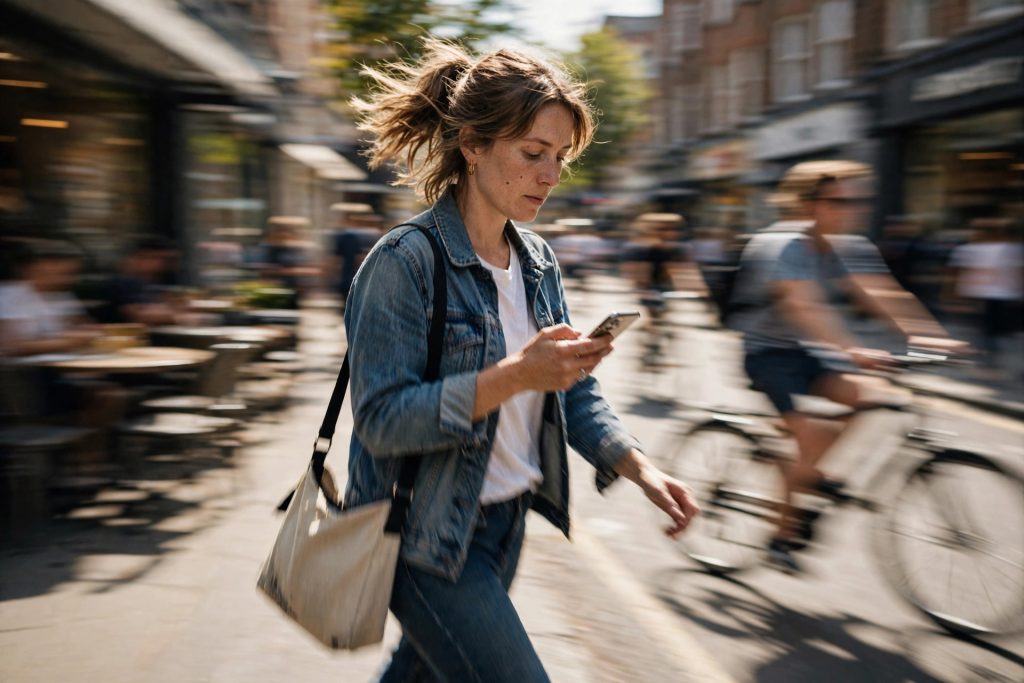 A woman texting on her phone while walking through a sunny city street, representing the texting-based Tab AI assistant.