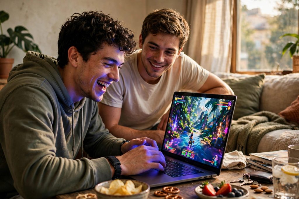 Two young men laugh while playing a colorful video game on a laptop in a cozy sunlit living room.