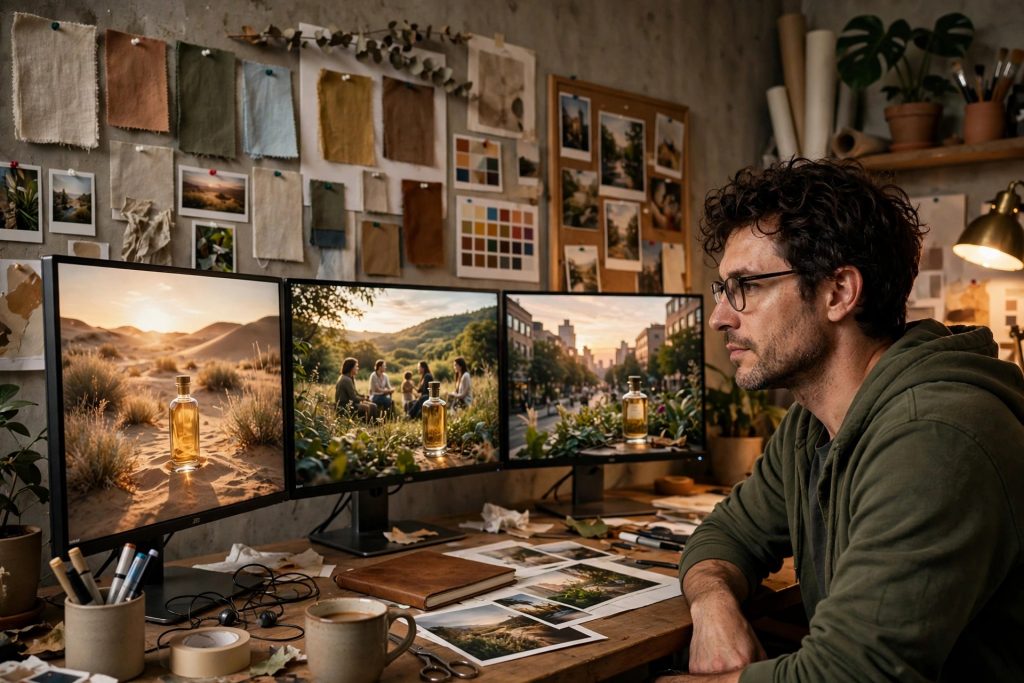 Designer reviewing large AI-generated ad campaign visuals on monitors in a creative studio with warm cinematic lighting