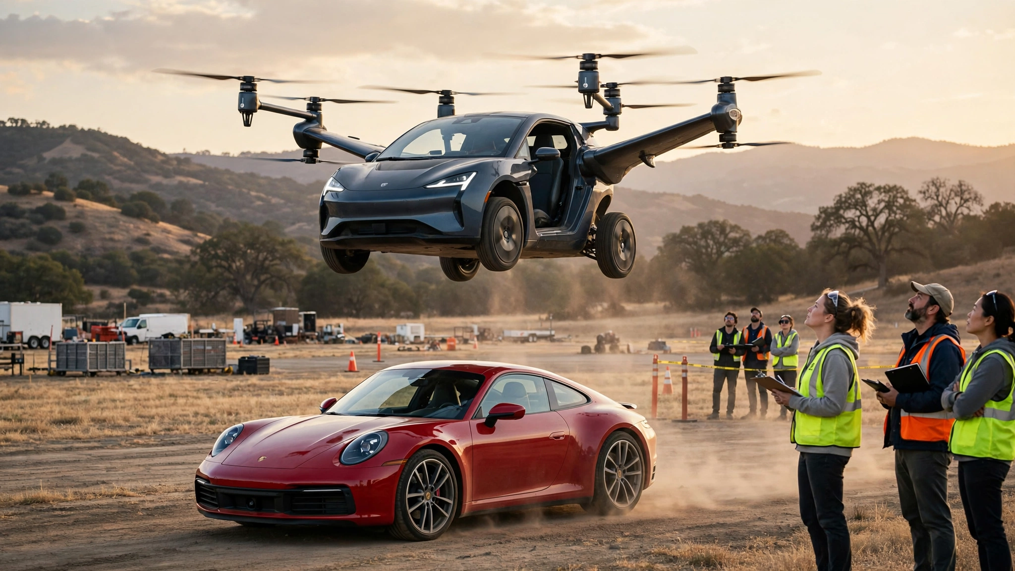 An electric flying car lifting off vertically over a parked sports car on a California test field in late afternoon light