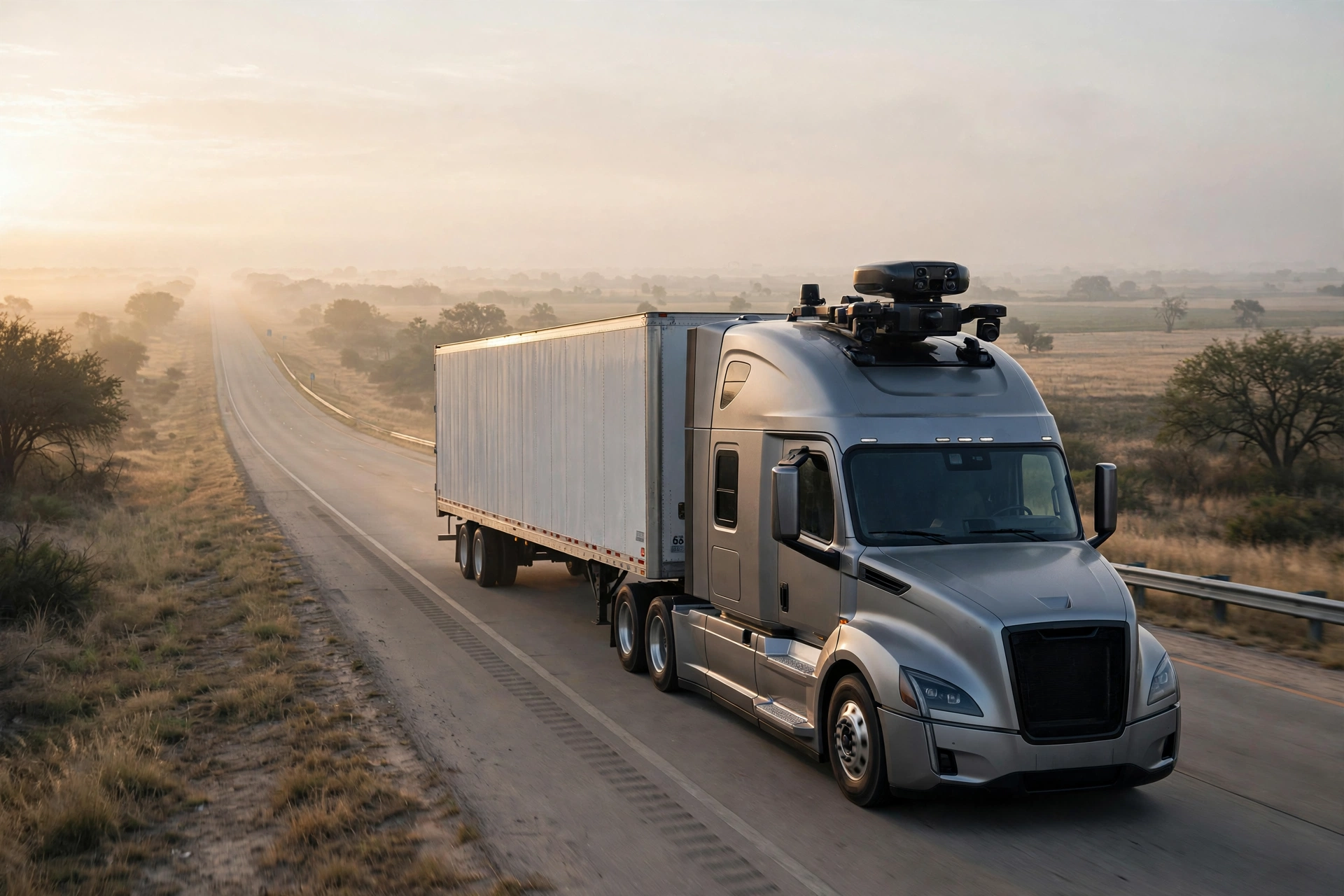 An Aurora autonomous semi-truck with no driver driving on a Texas freight corridor at sunrise