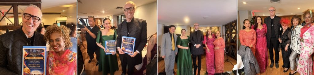 Prince Mario-Max Schaumburg-Lippe and Mariel Padilla holding Global Excellence Award certificates at a Manhattan charity gala