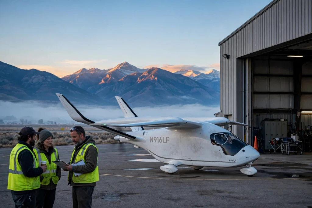 Editorial photograph of the all-electric BETA ALIA CX300 aircraft demonstrated at Salt Lake City International Airport for Utah's uFLY advanced air mobility program