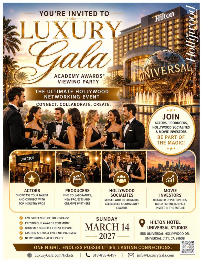 Official invitation flyer for the Luxury Gala Academy Awards viewing party at the Hilton Universal Studios