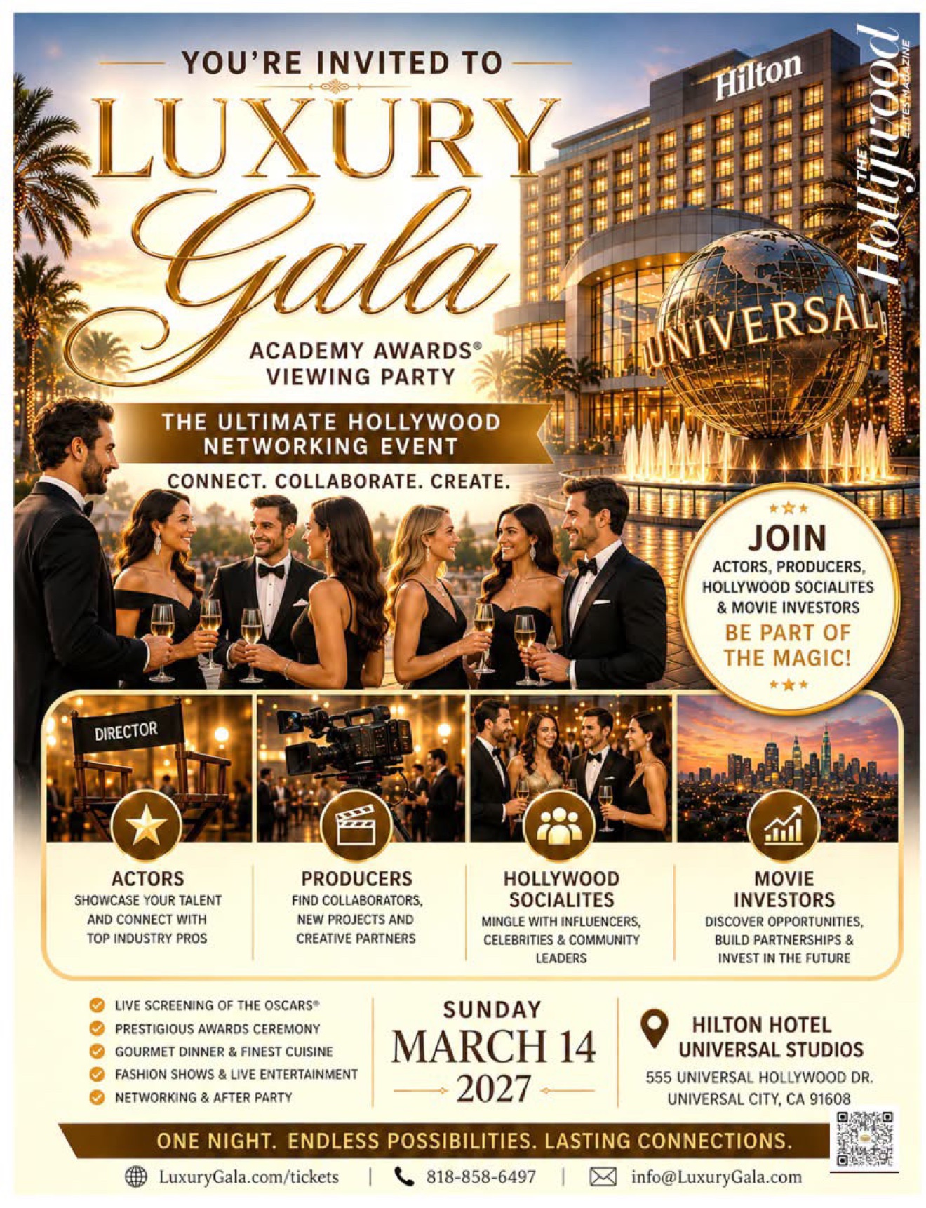 Official invitation flyer for the Luxury Gala Academy Awards viewing party at the Hilton Universal Studios
