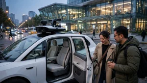 A driverless robotaxi with roof sensors picking up passengers outside a modern summit venue in Wuhu in evening light