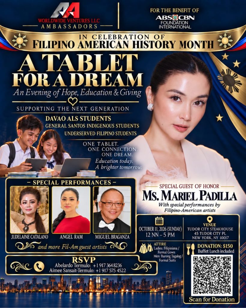 Event flyer for 'A Tablet for a Dream — An Evening of Hope, Education & Giving' charity gala for Filipino students, October 11 at Tudor City Steakhouse