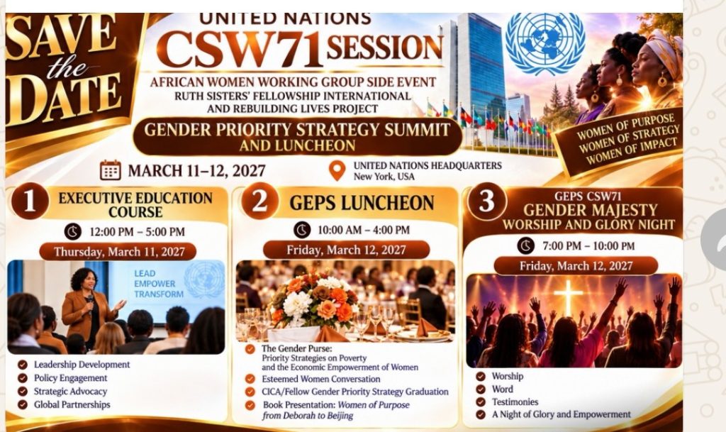Official flyer for the Gender Priority Strategy Summit and Luncheon, UN Headquarters, March 11-12, 2027