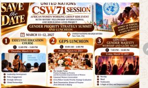 Official flyer for the Gender Priority Strategy Summit and Luncheon, UN Headquarters, March 11-12, 2027