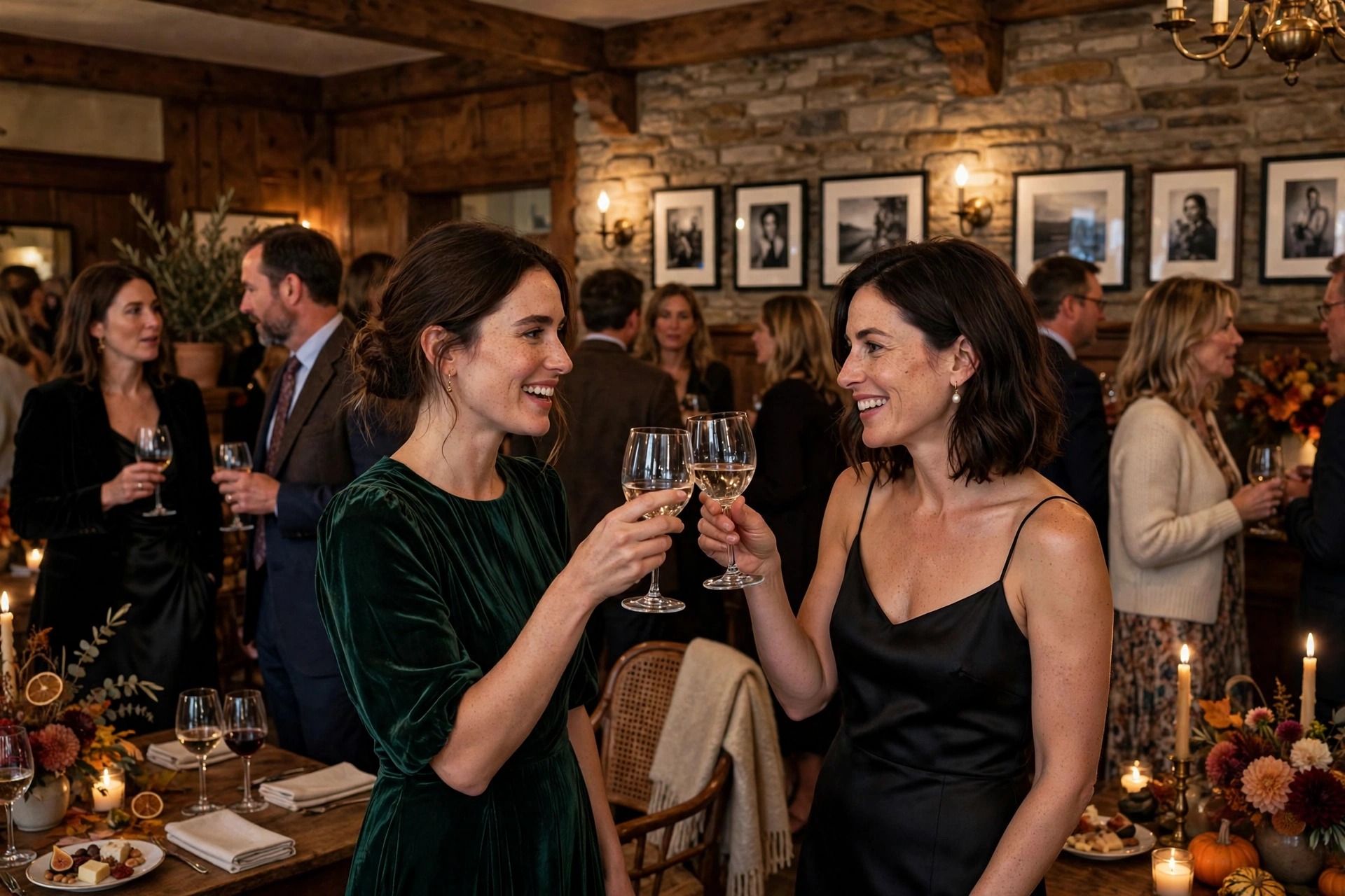 Guests at an autumn luxury reception at The Baker House 1650 in East Hampton hosted by Antonella Bertello and Jean Shafiroff celebrating the Hamptons International Film Festival with Mas des Infermieres wines