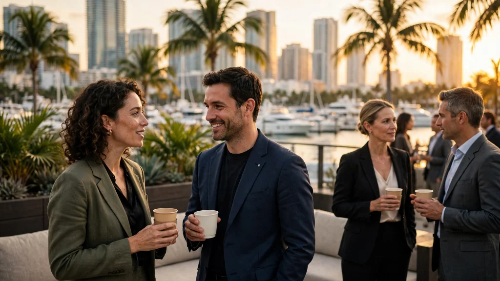 Business leaders networking at a waterfront reception in Miami at golden hour during the Miami Chamber of Commerce Dubai events season