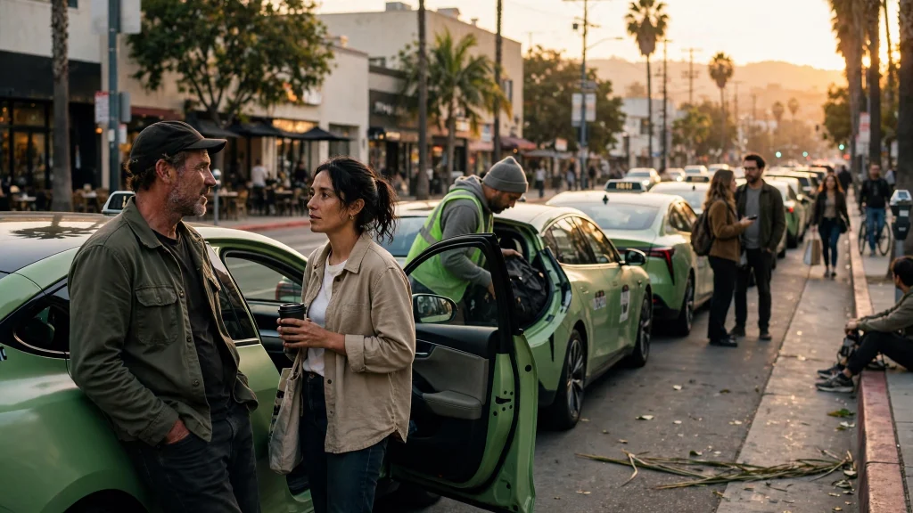 A fleet of green all-electric GSM taxis lined up on a Los Angeles street at golden hour, ready for passengers