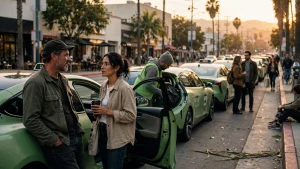 A fleet of green all-electric GSM taxis lined up on a Los Angeles street at golden hour, ready for passengers