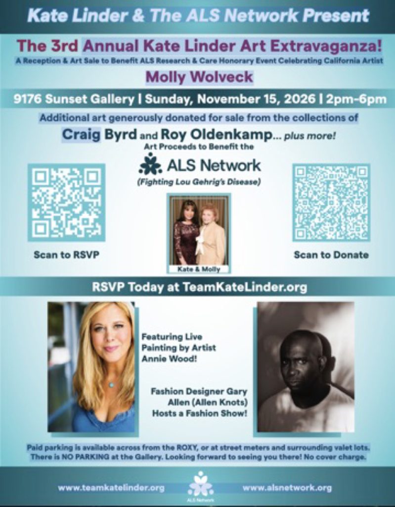 Flyer for the 3rd Annual Kate Linder Art Extravaganza benefiting the ALS Network