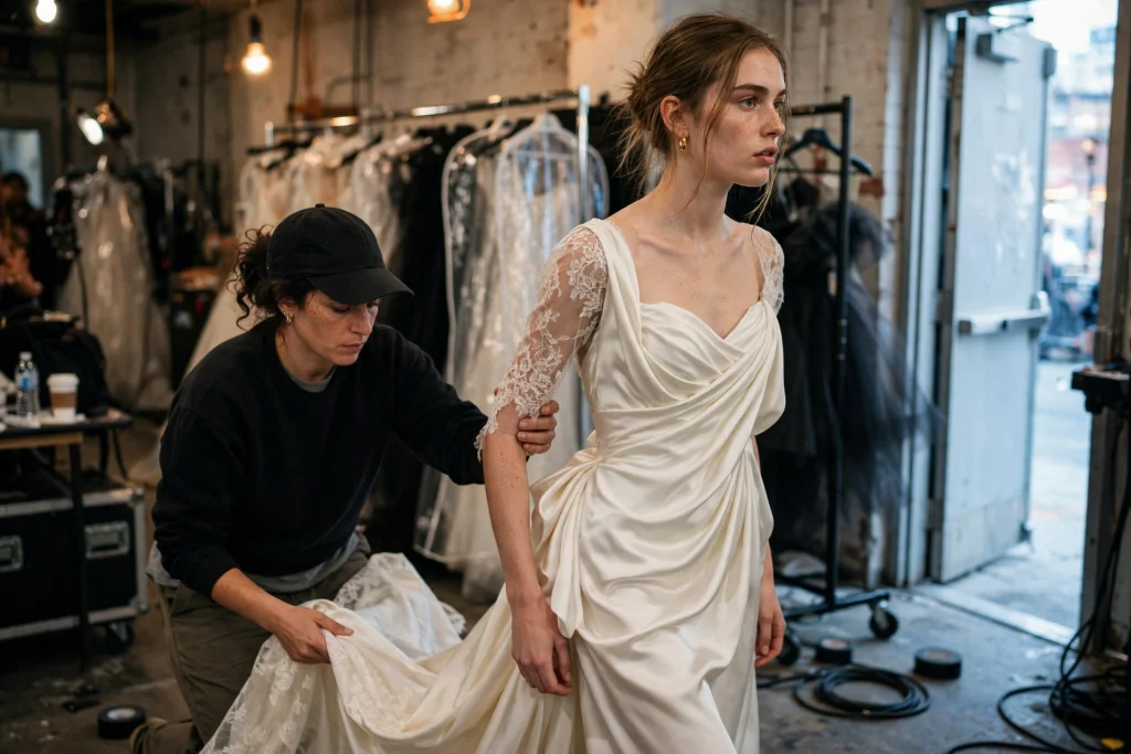 Backstage at New York Luxury Bridal Fashion Week — model in a couture wedding gown