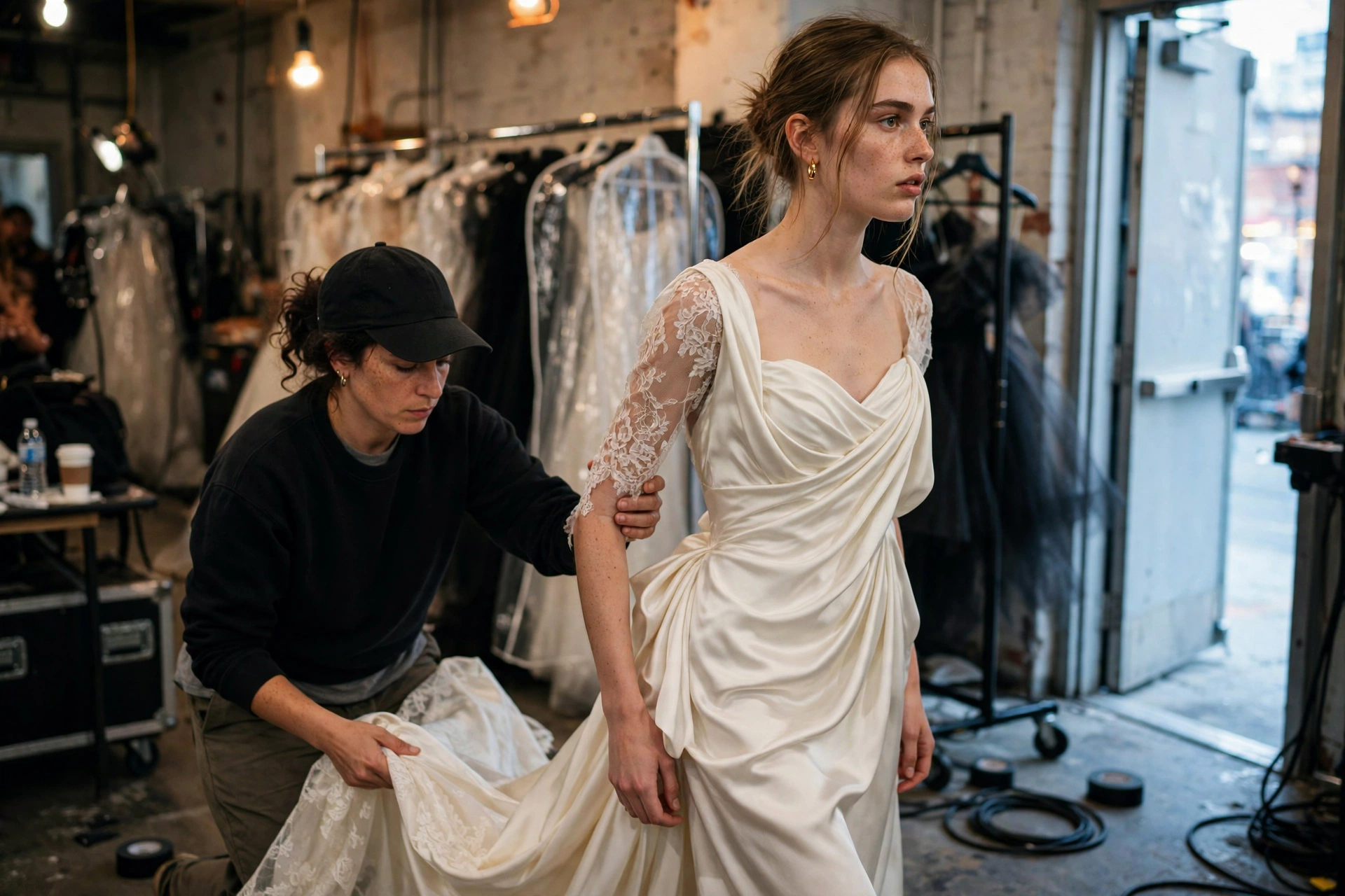 Backstage at New York Luxury Bridal Fashion Week — model in a couture wedding gown