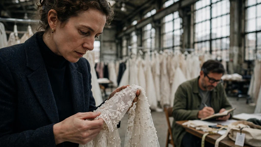 Buyer examining bridal couture at the Mélange de Blanc market in Chelsea