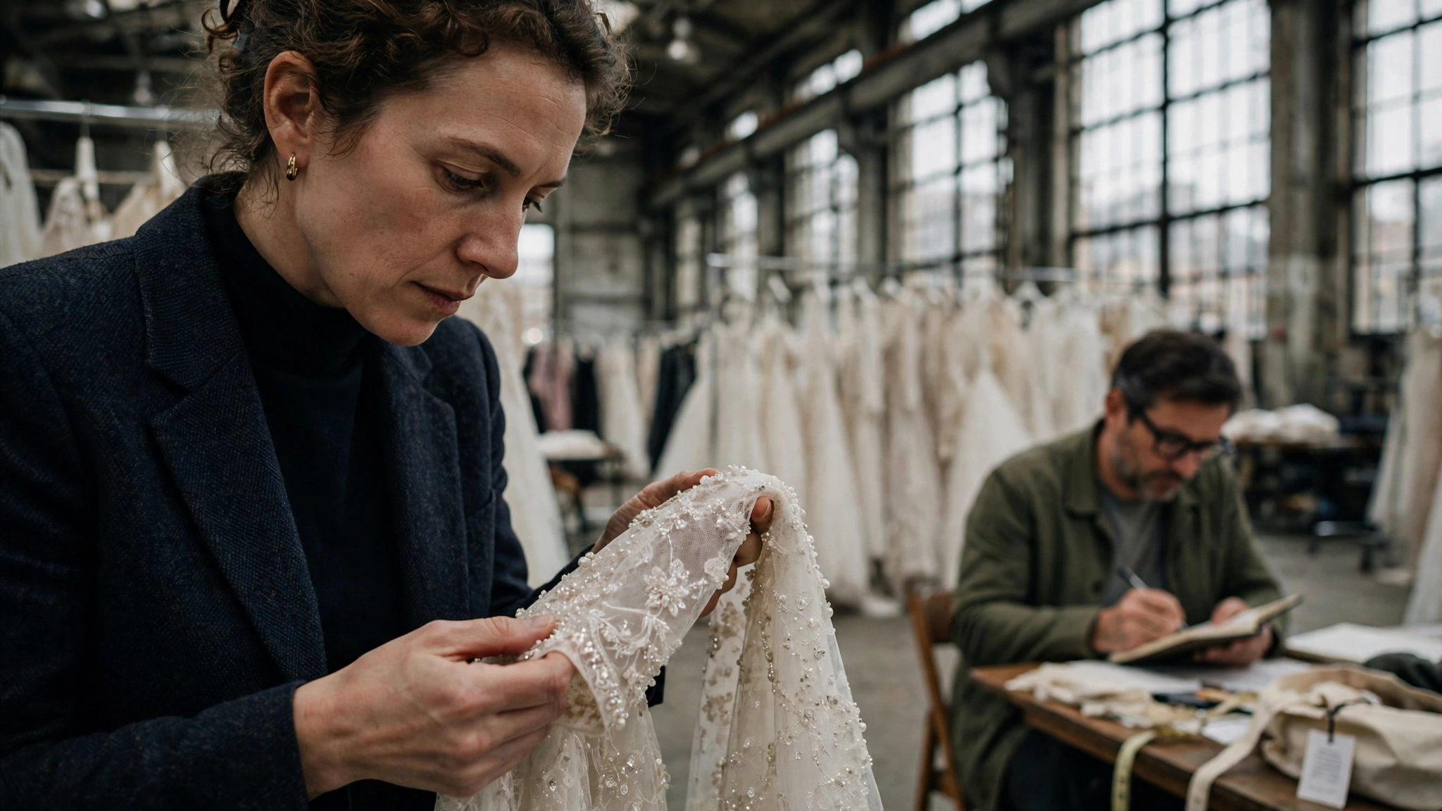 Buyer examining bridal couture at the Mélange de Blanc market in Chelsea