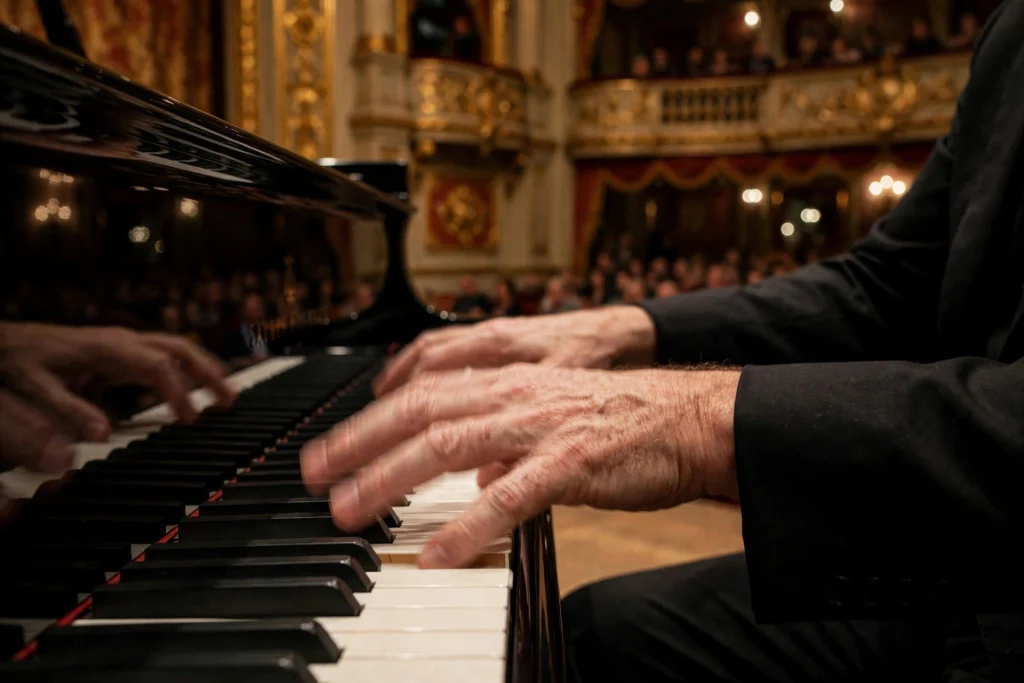 Pianist performing Liszt on a grand piano in a concert hall for German cultural events in New York, October 2026