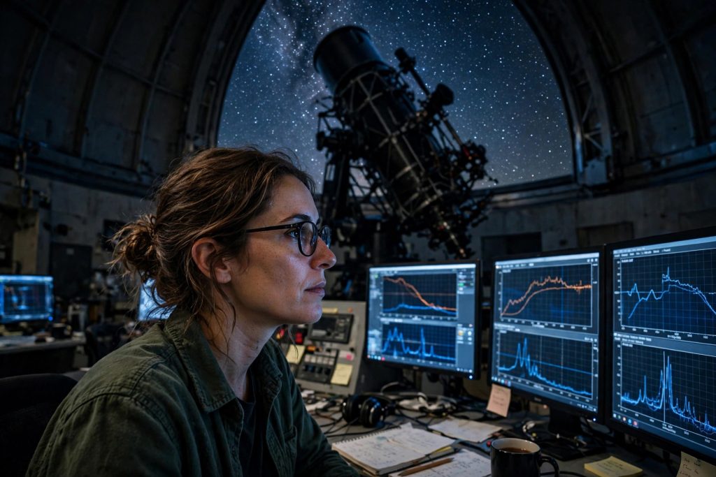 A woman astronomer reviews infrared spectrum data on monitors inside a dark observatory dome, a large telescope silhouetted against a starry sky behind her.