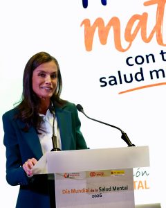 Queen Letizia of Spain at the podium during the World Mental Health Day 2026 institutional act in Madrid