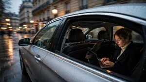 A luxury silver sedan driving itself through a city street at dusk while its passenger works on a laptop in the back seat