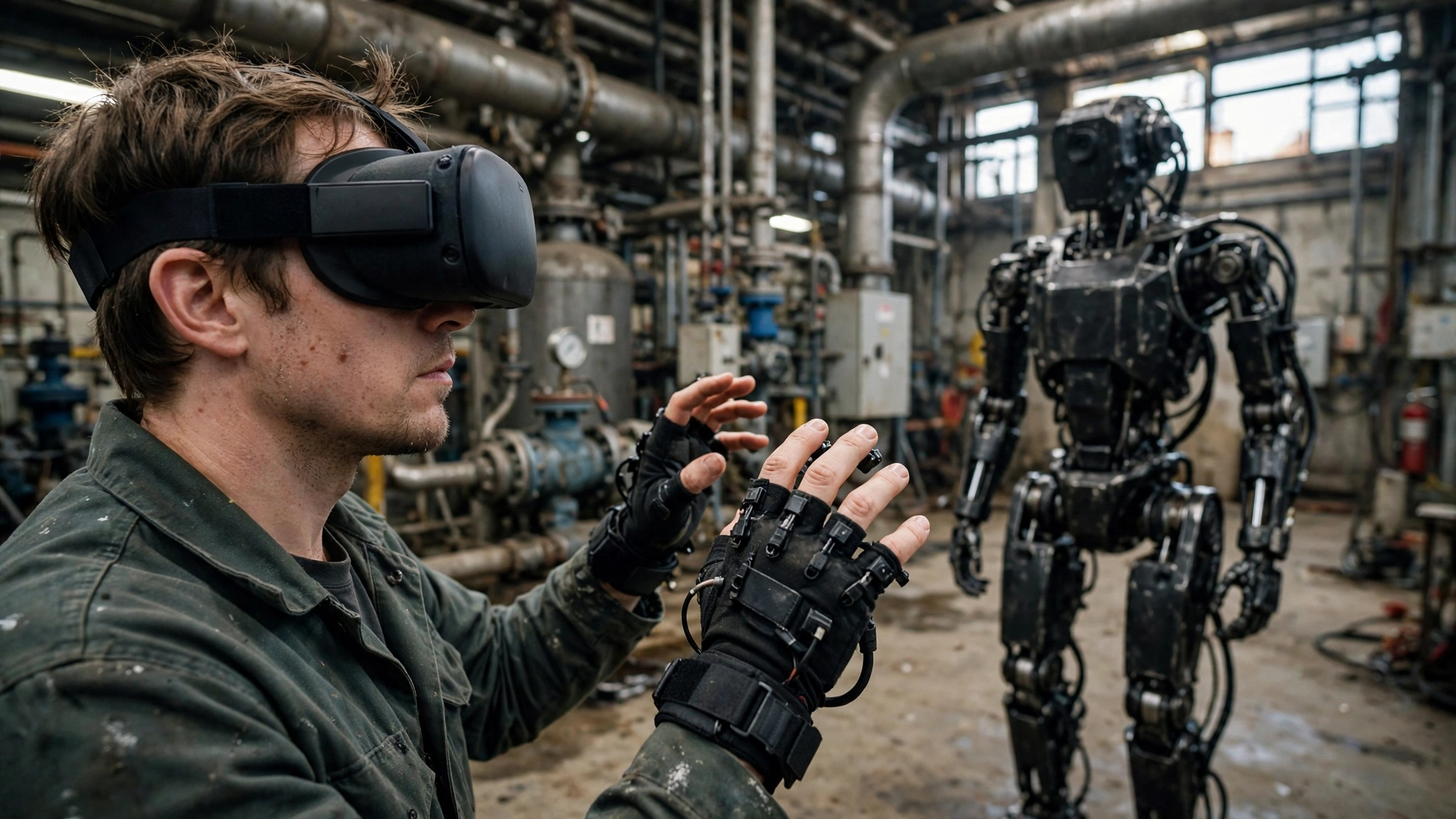 A Minerva humanoid robot named Roger working inside an industrial energy facility while an operator controls it remotely