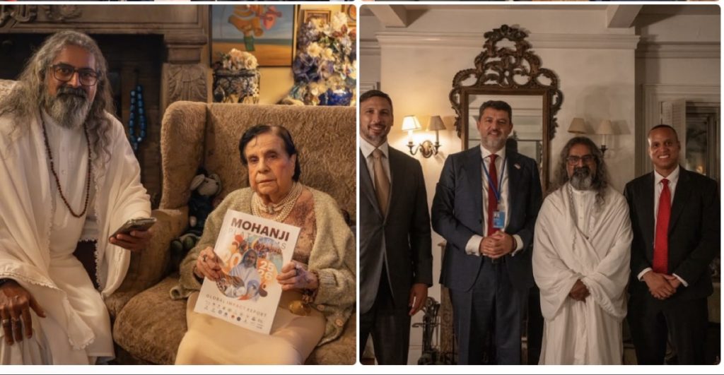 Brahmarishi Dr. Mohanji with Dame Gloria Starr Kins holding the Mohanji Global Impact Report 2025-26, and Mohanji with Ambassador Dr. Vladimir Bozovic and guests at a New York evening for leaders and investors - Photo: Andrew Simon agency