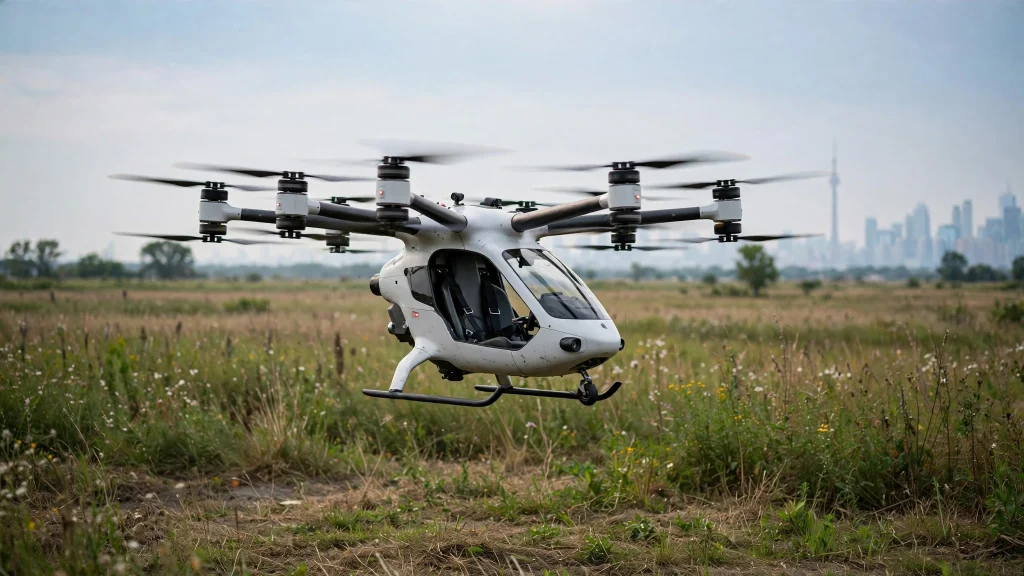 A Mostavio MX1 single-seat multicopter eVTOL hovering during outdoor flight testing in Toronto