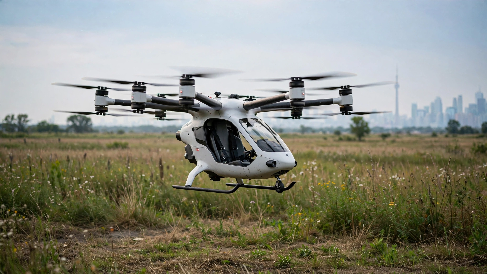 A Mostavio MX1 single-seat multicopter eVTOL hovering during outdoor flight testing in Toronto