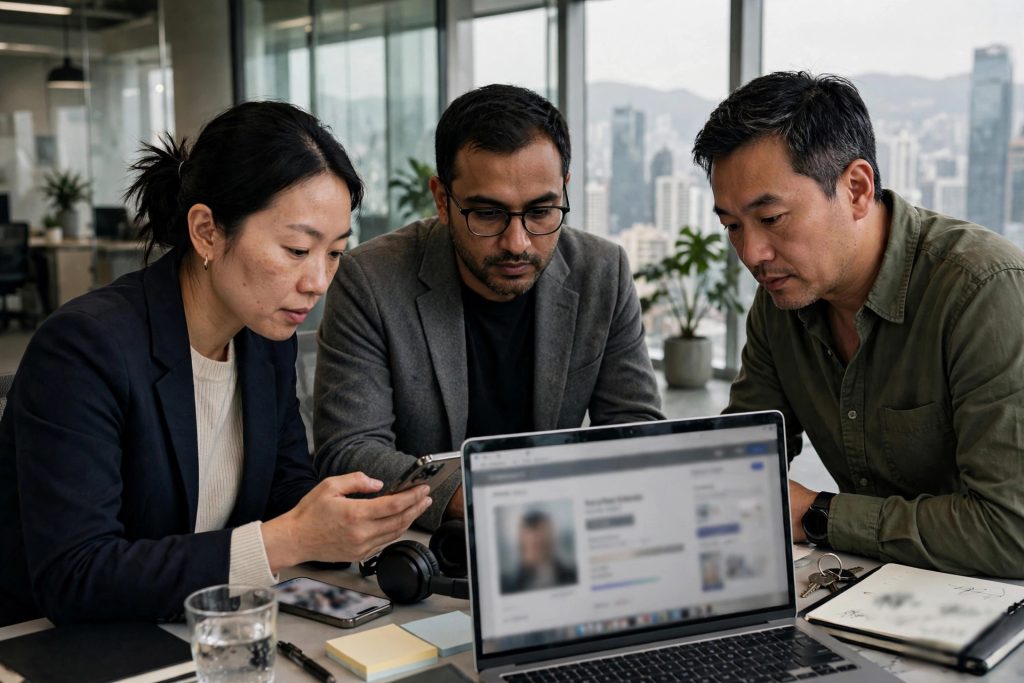 Bank technology team reviewing AI facial verification results on screens in a modern Hong Kong testing lab