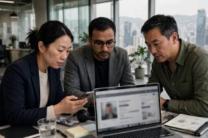 Bank technology team reviewing AI facial verification results on screens in a modern Hong Kong testing lab