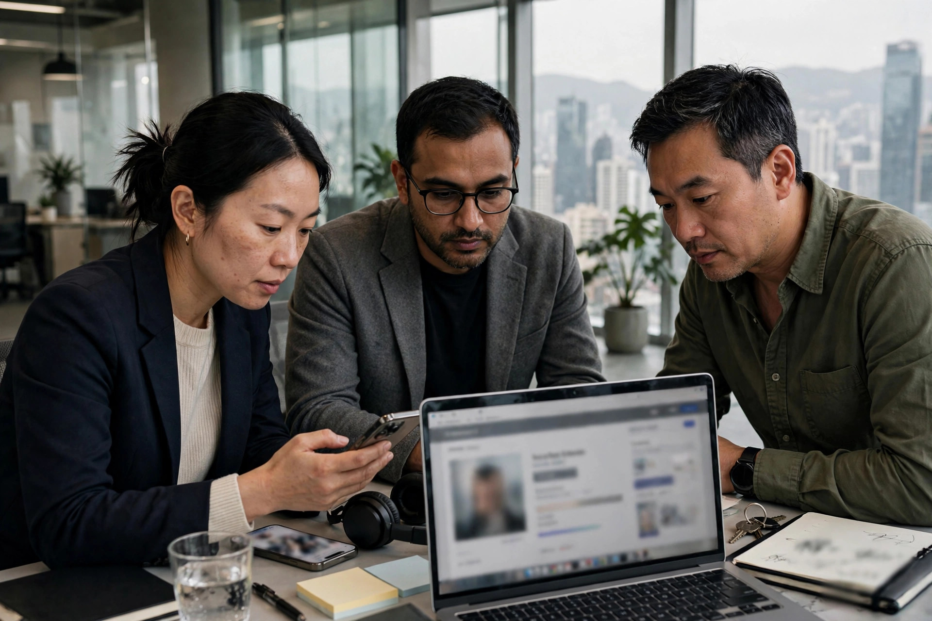 Bank technology team reviewing AI facial verification results on screens in a modern Hong Kong testing lab