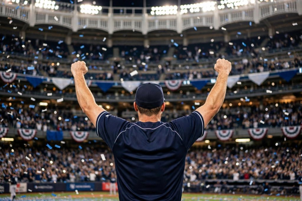 Yankee Stadium at night with confetti falling as a Tampa Bay Rays outfielder celebrates from behind after the 3-0 ALDS sweep of the Yankees.