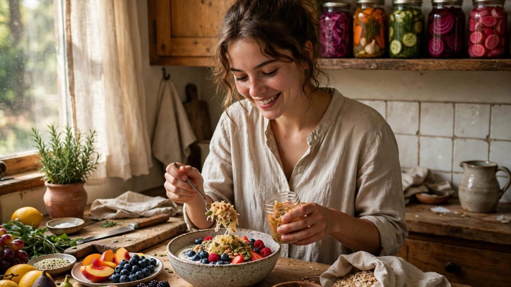 Woman prepares a colorful fiber-rich breakfast bowl with fermented foods in a sunlit kitchen