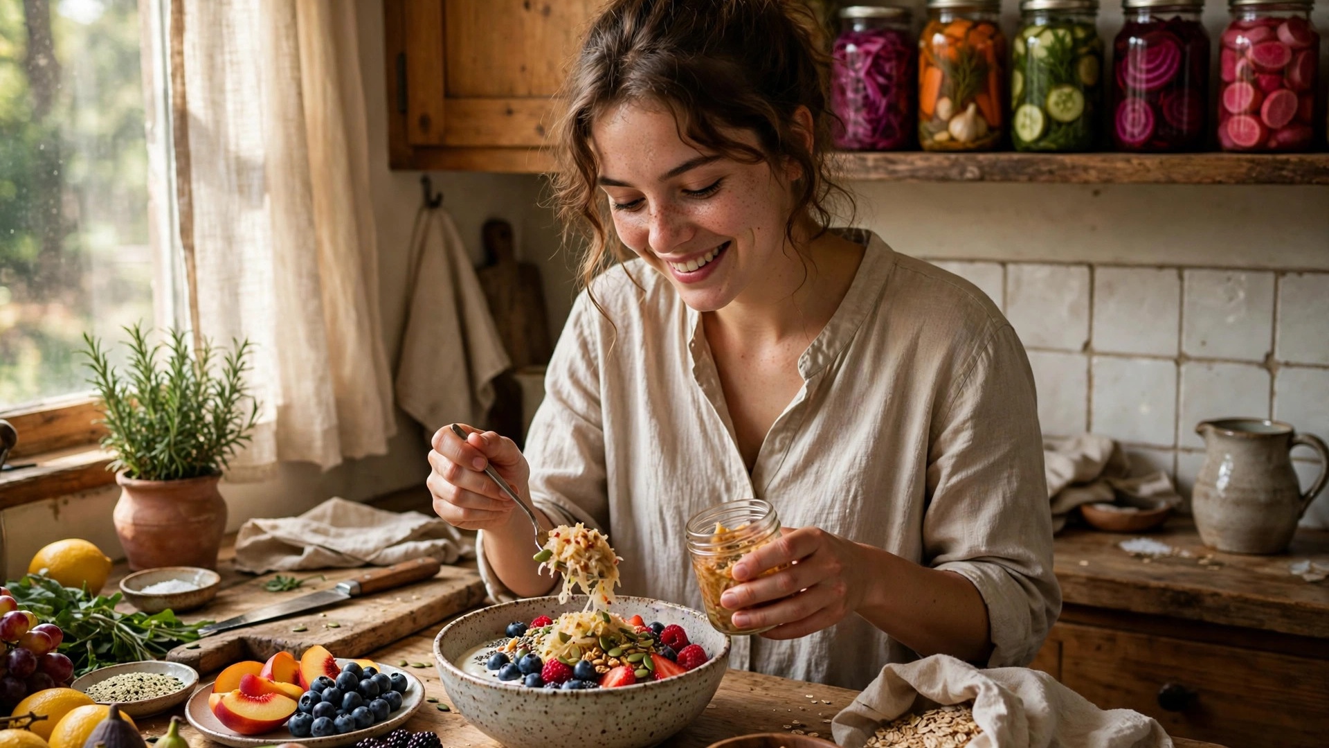 Woman prepares a colorful fiber-rich breakfast bowl with fermented foods in a sunlit kitchen