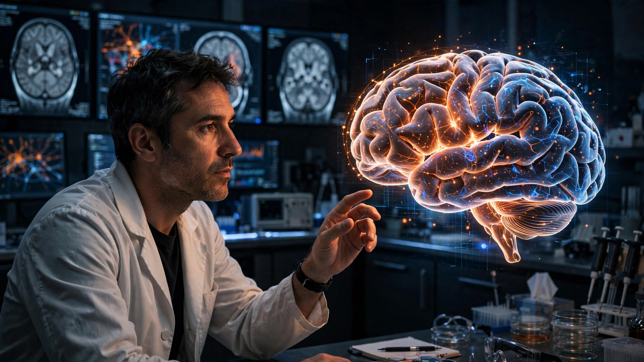Neuroscience researcher studies a glowing 3D brain model in a modern laboratory