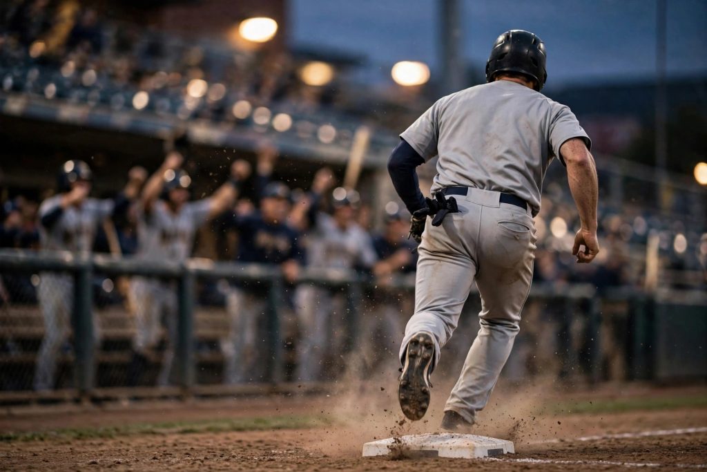 A Cleveland Guardians player rounding third base at dusk as teammates celebrate in the dugout after the 9-3 win over the White Sox that forced ALDS Game 4.