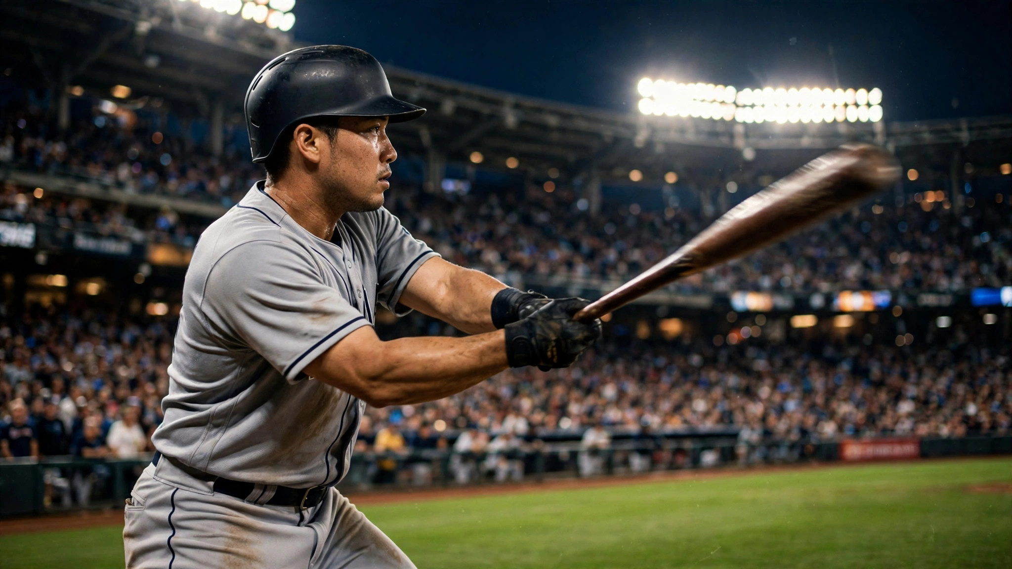Baseball player swings under stadium floodlights during a night playoff game