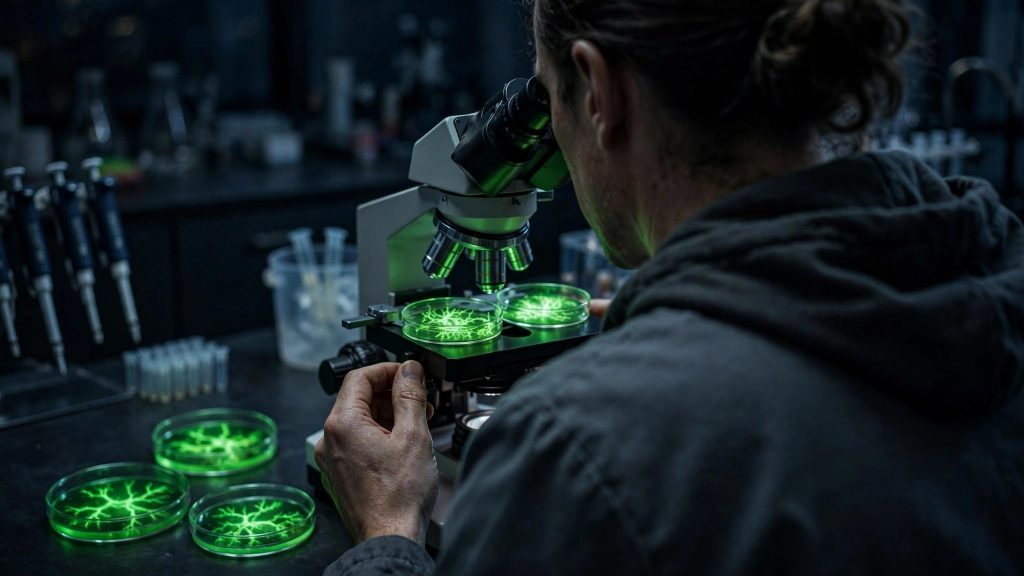 A neuroscience researcher studying glowing green neural-cell cultures under a microscope in a dark modern Stanford laboratory.