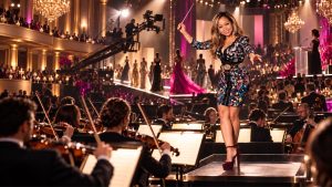 Raquel Sanchez, known as The Orchestr8or, conducting an orchestra from a podium in a grand ballroom during a fashion gala, with models in evening gowns on the runway behind her