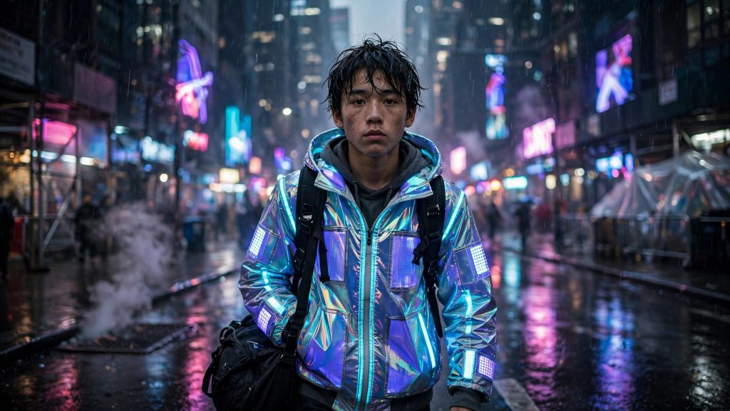 Rain-soaked neon dystopian megacity street at night with a young traveler in a holographic LED jacket, original artwork inspired by Cyberpunk 2077