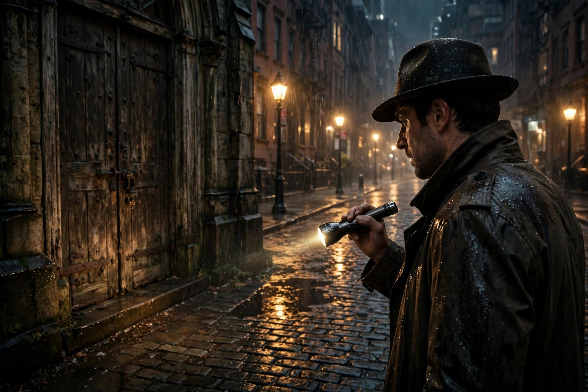 Rain-soaked New York street at night with a detective's flashlight beam near an old church door, evoking the mood of The Exorcist: Martyrs